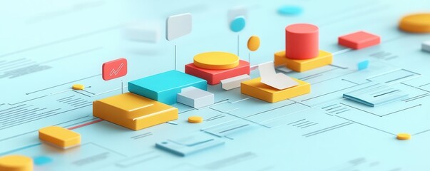 3D illustration of planning stages leading to successful execution, flat design, side view, workflow optimization theme, water color, Splitcomplementary color scheme