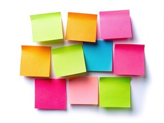 A cluster of bright, colorful sticky notes rest on a white background, featuring empty spaces ideal for personalized messages, reminders, or creative ideas.