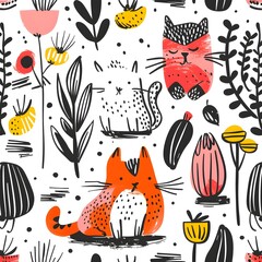A pattern of cats and flowers on a white background