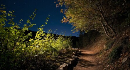 Fototapeta premium Whispering winds rustling through leaves along a secluded trail background soothing sounds enhancing the peaceful ambiance of nighttime exploration