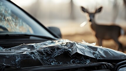 Closeup view of a vehicle s crumpled hood and shattered windshield following a collision with a deer on a rural road  The deer is visible in the background