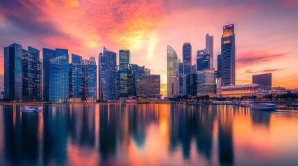 illustration of a modern city surrounded by water with a beautiful sunset