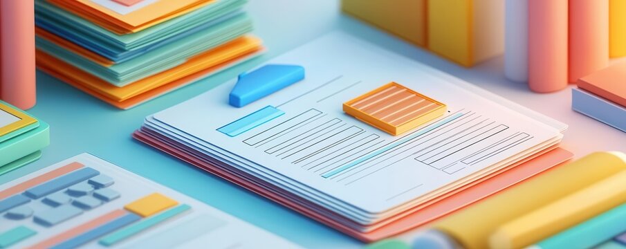 3D illustration of tax forms and financial documents, flat design, side view, accounting and compliance theme, water color, Splitcomplementary color scheme
