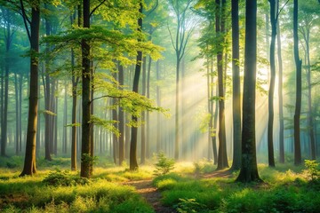 Fototapeta premium Serene forest with misty trees in morning light