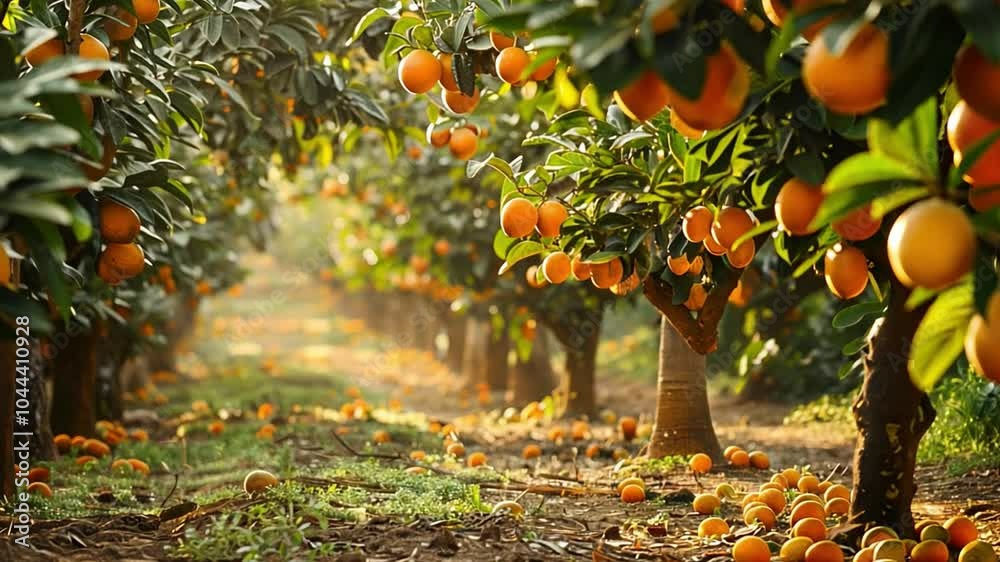 Poster this rows of orange trees showcase vibrant fruit on branches and fallen on the ground.