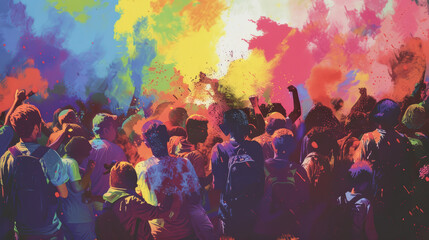 Energetic crowd at color festival celebrating with vibrant powders and joyful expressions. atmosphere is filled with excitement and colorful clouds of powder