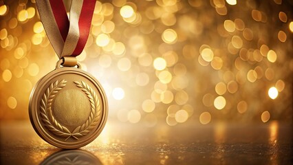 Reflected gold medal on brown background with bokeh lights