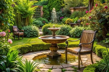 Serene garden with comfortable chair and small fountain