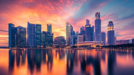 Obraz premium illustration of a modern city surrounded by water with a beautiful sunset