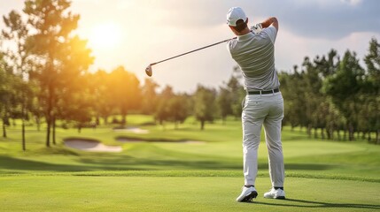 Obraz premium Male golfer in golf attire on green (golf course, institution, member)