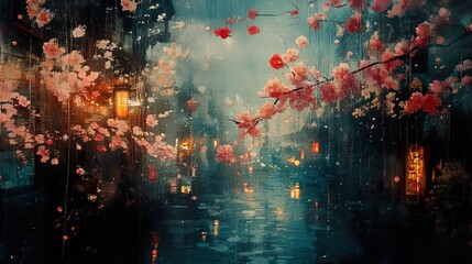 Fototapeta premium Rainy Night in a City of Cherry Blossoms
