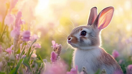 Fototapeta premium A cute brown and white rabbit in a vibrant flower meadow during golden hour.