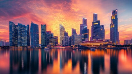 illustration of a modern city surrounded by water with a beautiful sunset