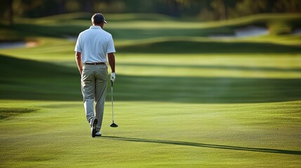 Obraz premium Male golfer in golf attire on green (golf course, institution, member)