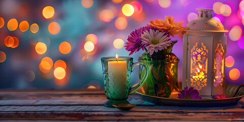 a candle and flowers in a vase, Relaxing Ambiance: Candle and Blossoms in a Decorative Vase, 
