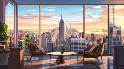 Obraz premium A Modern Living Room with a Panoramic View of a City Skyline at Sunset