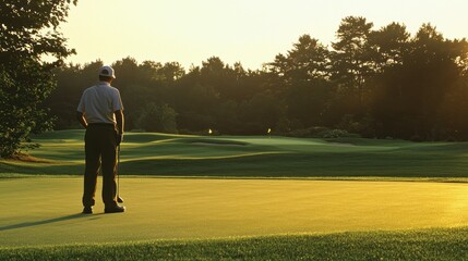 Obraz premium Male golfer in golf attire on green (golf course, institution, member)