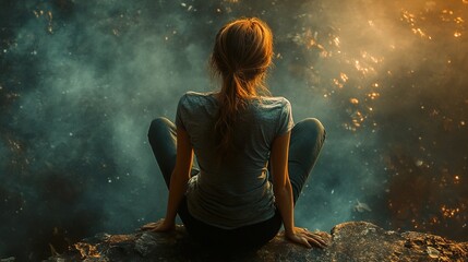 Naklejka premium Woman Contemplating the Sunset on a Clifftop
