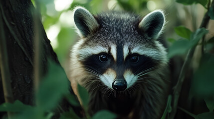Obraz premium Close-up of an adorable raccoon peeking through lush green foliage.