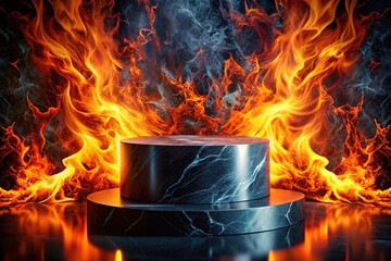 A striking black marble podium set against alive, swirling flames, showcasing minimalism through generative art, capturing elegance and vitality in a simple yet profound form.