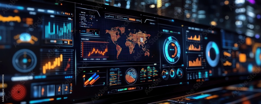 Poster a computer monitor displays a number of graphs and charts, including one that shows the world. scene