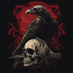 Naklejka premium A raven with red eyes perches on a skull against a dark red background with ornate floral patterns.