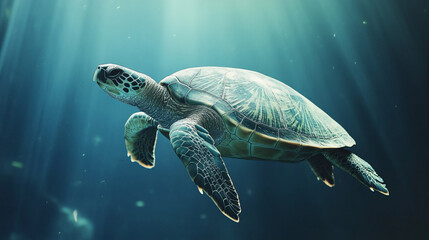 A vibrant green sea turtle glides gracefully through the shimmering blue ocean.