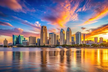 Fototapeta premium Reflected panorama of San Diego skyline at sunset
