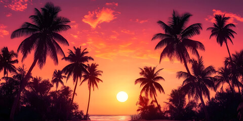 Obraz premium Beautiful palm trees on a tropical beach at sunset with vivid colors