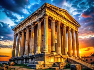 Obraz premium An awe-inspiring Roman temple that highlights architectural brilliance and quintessential characteristics of timeless classical civilization, reflecting its lasting impact on culture and history.
