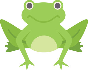 This cartoon character design features a green frog sitting with a smile on its face