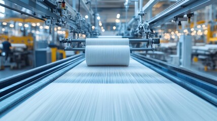 Obraz premium Modern sustainable textile factory, organic cotton thread being woven, precise machinery, photorealistic