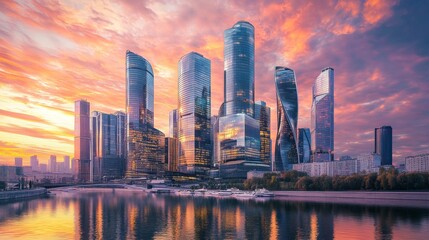 Fototapeta premium illustration of a modern city surrounded by water with a beautiful sunset