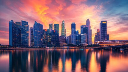 Fototapeta premium illustration of a modern city surrounded by water with a beautiful sunset