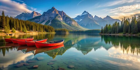 Serene lake with red canoes and mountain backdrop capturing essence of wanderlust