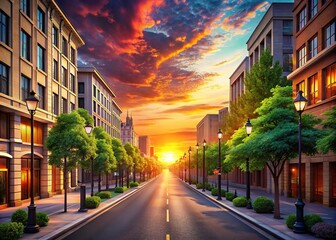 Fototapeta premium Beneath a stunning sunset, empty urban streets glow warm hues, creating a serene atmosphere where the stillness invites quiet reflection and a moment of calm.