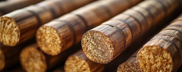 Bamboo rebar for concrete reinforcement, close-up of natural fibers, sustainable construction, detailed realism