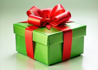 Obraz premium Bright, festive green gift box tied with a striking red bow, perfect for making holidays and special occasions unforgettable and filled with cheer.