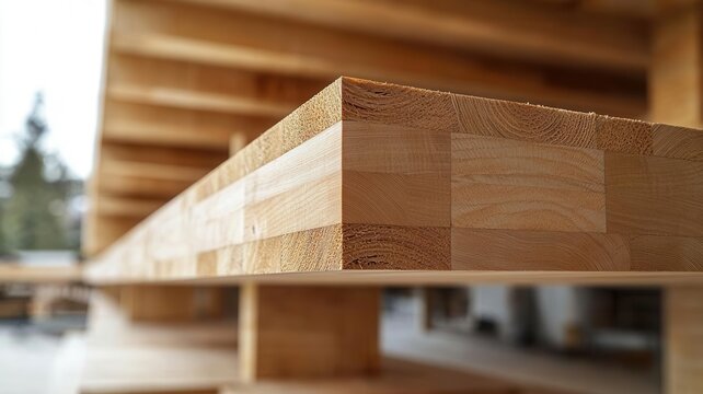 Cross-laminated timber CLT panel close-up, visible wood layers, sustainable architecture, photorealistic textures