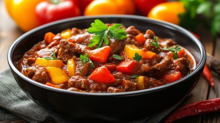 Artistic Goulash Dish with Paprika on Wooden Table