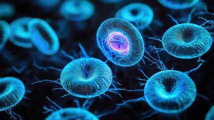 Ancient microbes under microscope reveal intricate cellular structures, showcasing their mysterious and ancient nature, ideal for scientific and educational content.