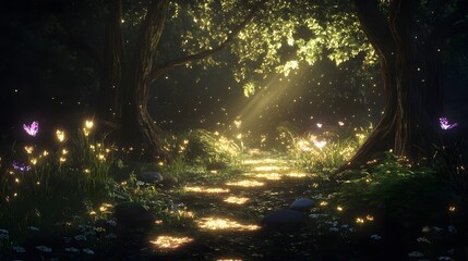 Obraz premium A serene glade illuminated by soft light filtering through crystal leaves creating a peaceful sanctuary for woodland creatures