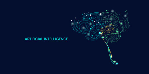 Illustration of abstract stream, AI brain concept. Artificial intelligence. Big data, technology, AI, data transfer, data flow, large language model, generative AI, LLM, NLP. NLG  © Krot_Studio