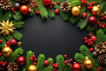 Fototapeta premium Celebrate the season with a stunning Christmas border design set against a black background, ideal for holiday decorations and adding a festive flair to your celebrations!