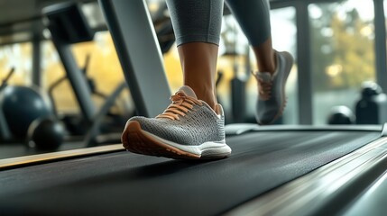 Person doing a cardio workout on a treadmill in a modern gym, bright lighting, ultrarealistic detail of motion, fitness, and health focus