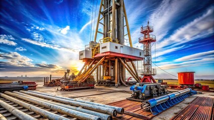 Reflection of oil well drilling rig showing inner drill pipes and equipment