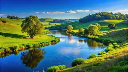 Fototapeta premium Serene landscape with rolling hills, tranquil river, lush greenery