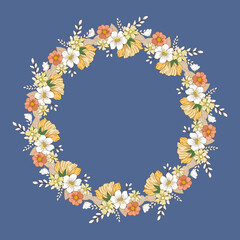 Delicate circle wreath with colorful blooming flowers. round floral wreath illustration for invitations,celebration,greeting card,banner,ads