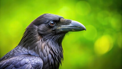 Fototapeta premium Reflective glossy black raven with green blurred background