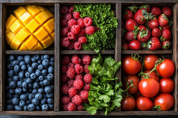 Fresh fruits and vegetables arranged in wooden box, featuring vibrant mango, blueberries, raspberries, strawberries, lettuce, cilantro, and cherry tomatoes, creating colorful and healthy display